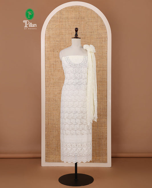 Cream chudidar material set,floral Schiffli chikankari embroidery, georgette top & vine chikankari embroidery & sequins work dupatta