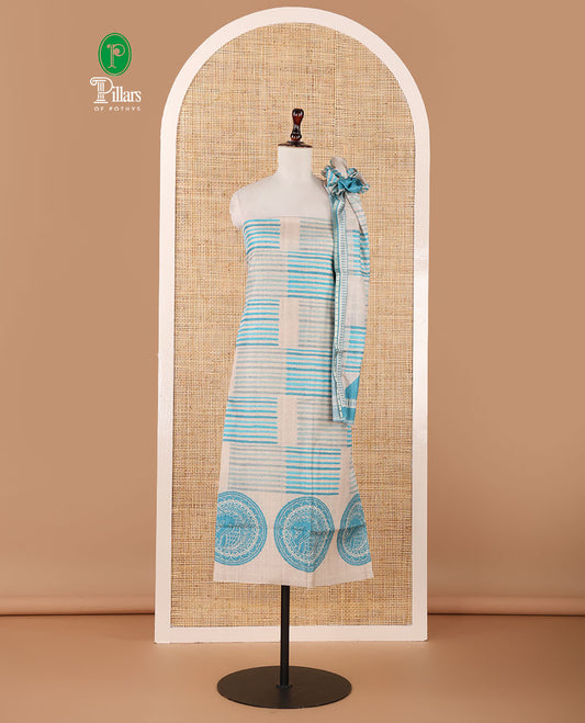 Chikku semi-tussar material chudidar set,geometric & round peacock motif print top, blue bottom & geometric & round peacock print dupatta