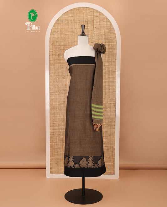 Walnut brown mercerised cotton material chudidar set, Madhubani-style bride-groom motif woven top, bottom & dupatta