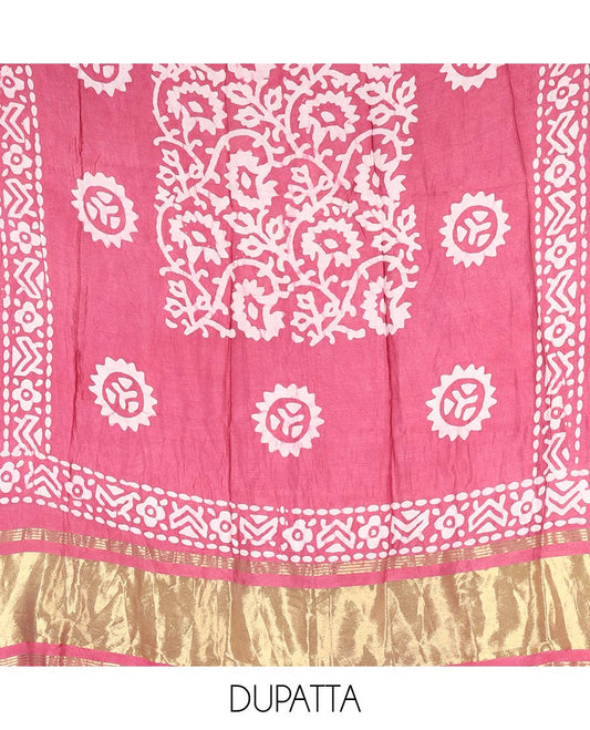Pink material chudidar set, floral vine batik printed gajji silk top, batik printed rayon bottom, and a batik printed gajji silk dupatta