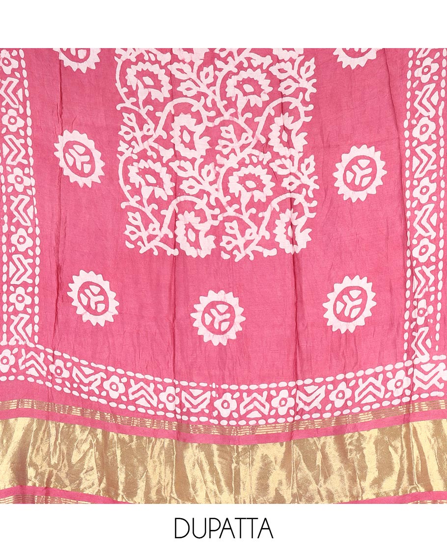 Pink material chudidar set, floral vine batik printed gajji silk top, batik printed rayon bottom, and a batik printed gajji silk dupatta
