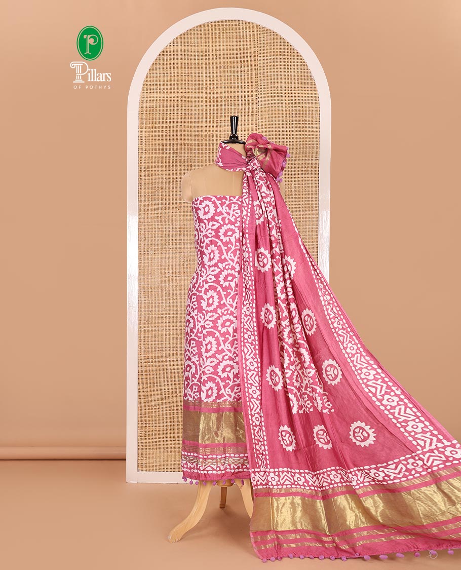 Pink material chudidar set, floral vine batik printed gajji silk top, batik printed rayon bottom, and a batik printed gajji silk dupatta