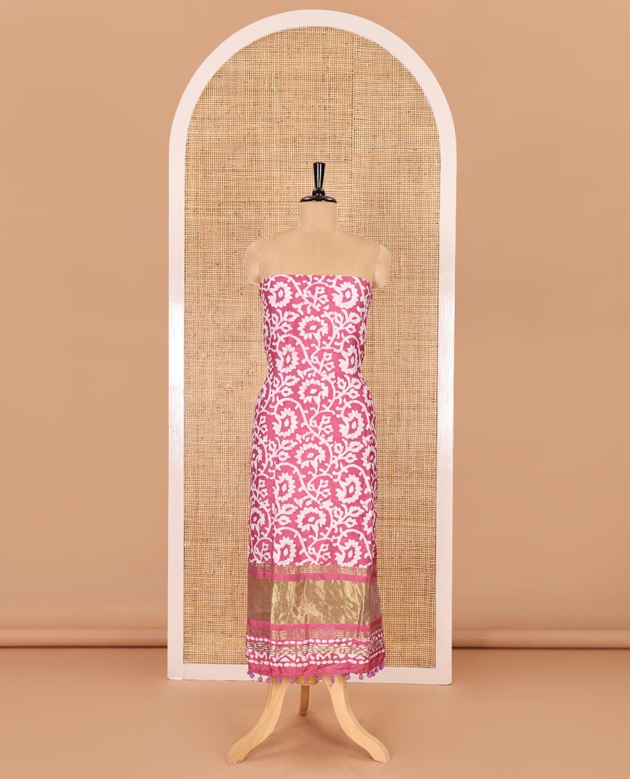 Pink material chudidar set, floral vine batik printed gajji silk top, batik printed rayon bottom, and a batik printed gajji silk dupatta