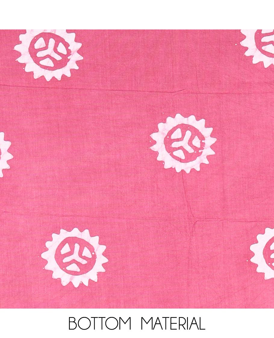 Pink material chudidar set, floral vine batik printed gajji silk top, batik printed rayon bottom, and a batik printed gajji silk dupatta