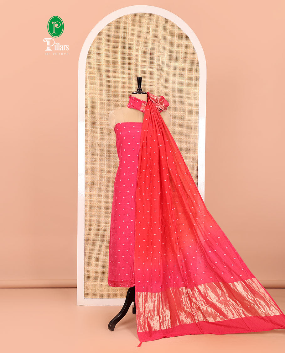 Pink and Red Semi-Silk Material Churidar Set, Prettified with Bandhani Dots Print, Comes with a Plain Santoon Bottom, and Paired with a Double-Colored Dupatta of Bandhani Dots Print