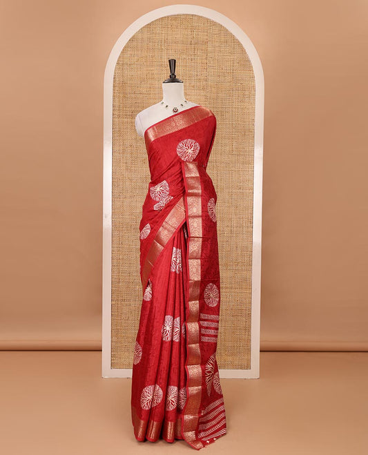 Red shibori printed fancy tussar saree, traditional zari border, shibori printed pallu & matching printed blouse with zari border