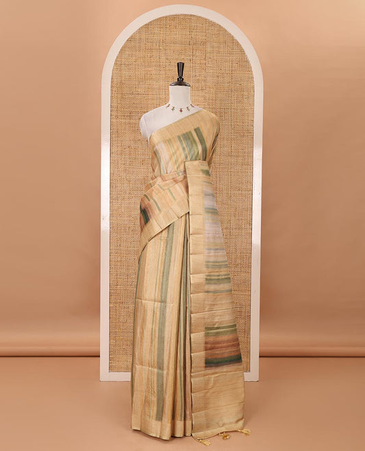 Chikku hand brushing-style multi-colored stripes printed fancy tussar silk saree, zari border, self-pallu & blouse of zari work & stripes print