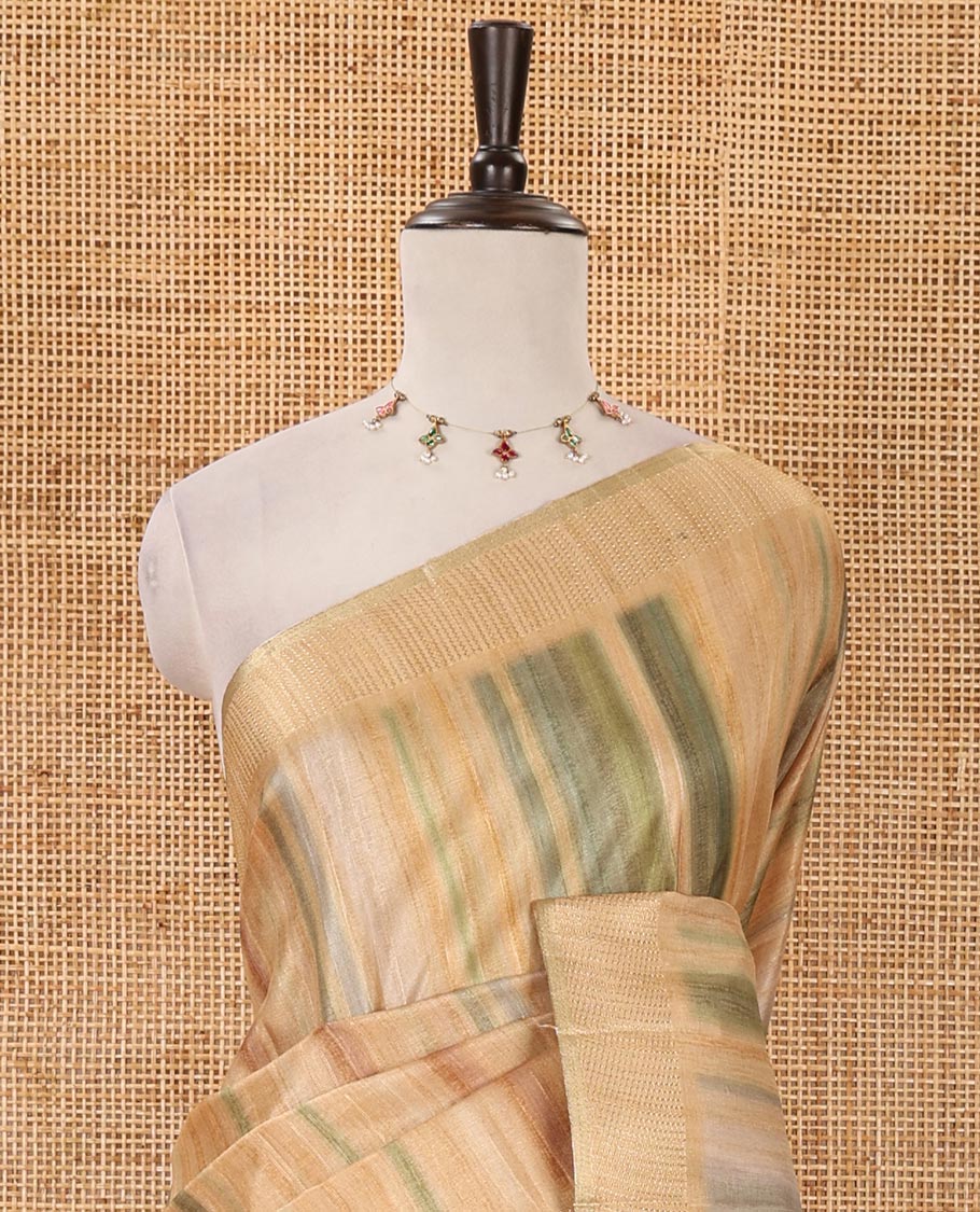 Chikku hand brushing-style multi-colored stripes printed fancy tussar silk saree, zari border, self-pallu & blouse of zari work & stripes print
