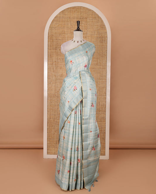 Blue Burberry checked & floral printed fancy tussar silk saree, zari woven border & zari checked pallu & matching blouse of striped & floral print