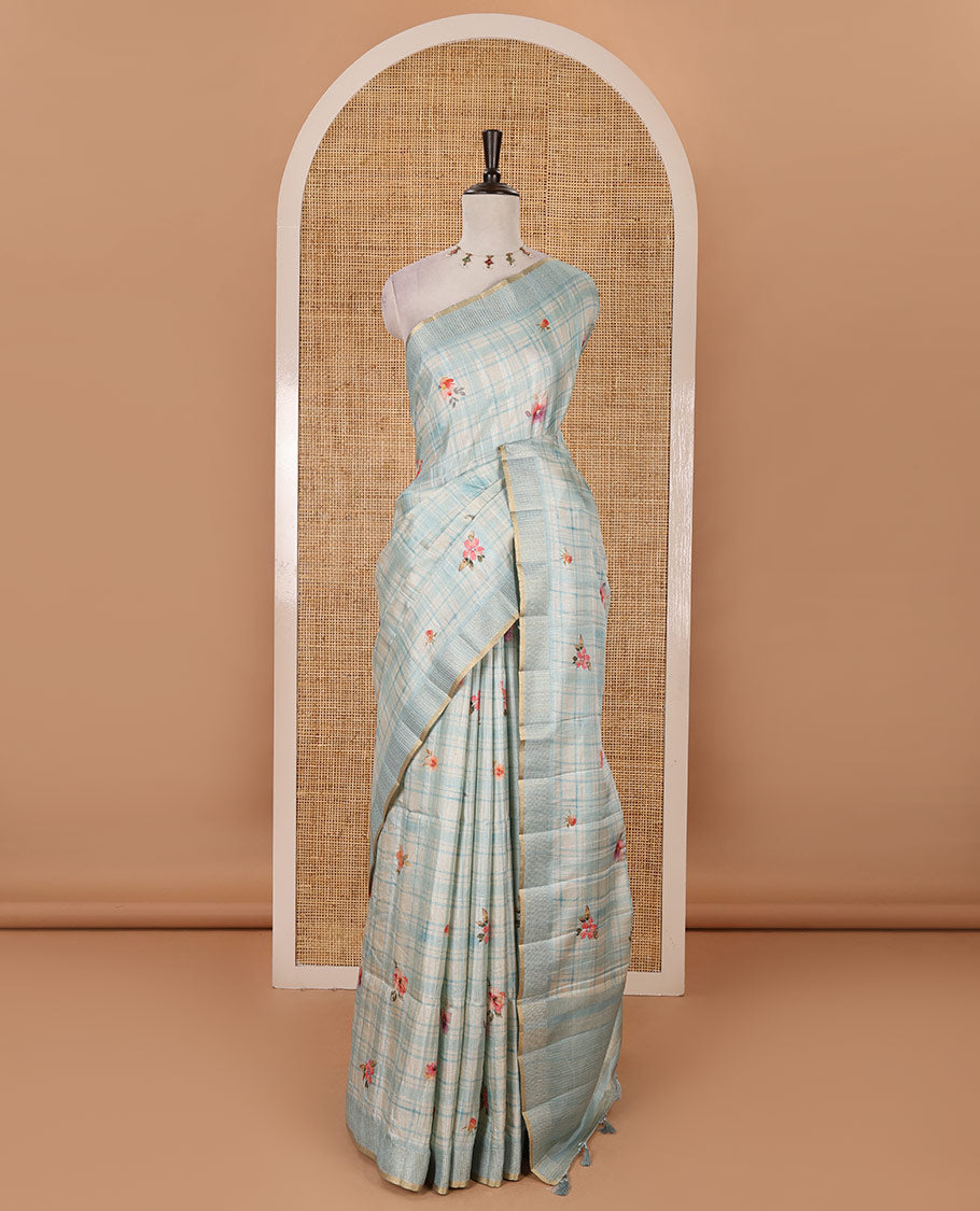 Blue Burberry checked & floral printed fancy tussar silk saree, zari woven border & zari checked pallu & matching blouse of striped & floral print