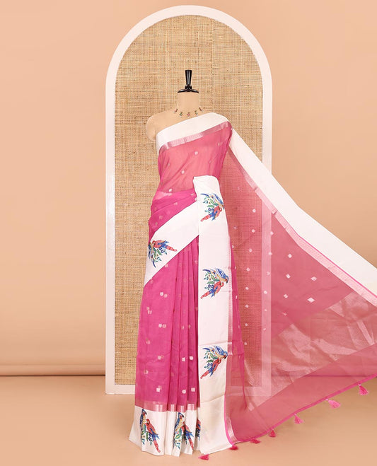 Pink zari buttas fancy organza saree, contrast satin with small zari border of macaw parrot motifs digital print, zari pallu, and a running blouse