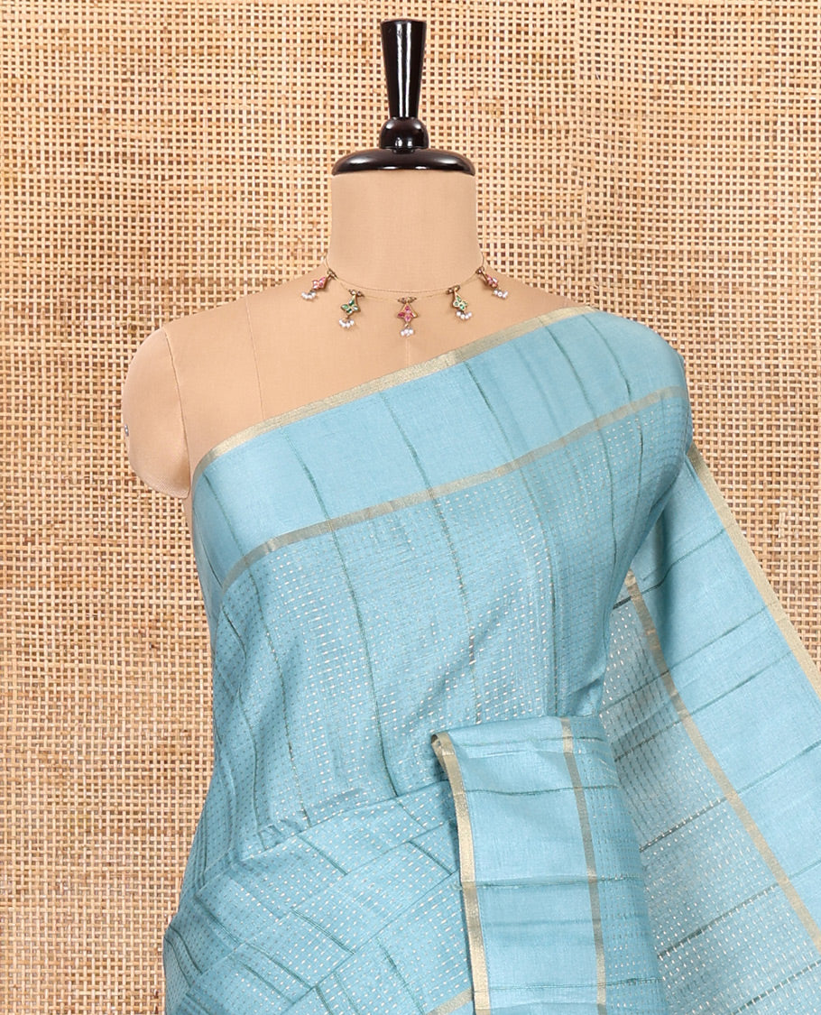 Blue stripes woven fancy tussar saree, small bentex border, contrast dotted striped pallu, and a matching blouse