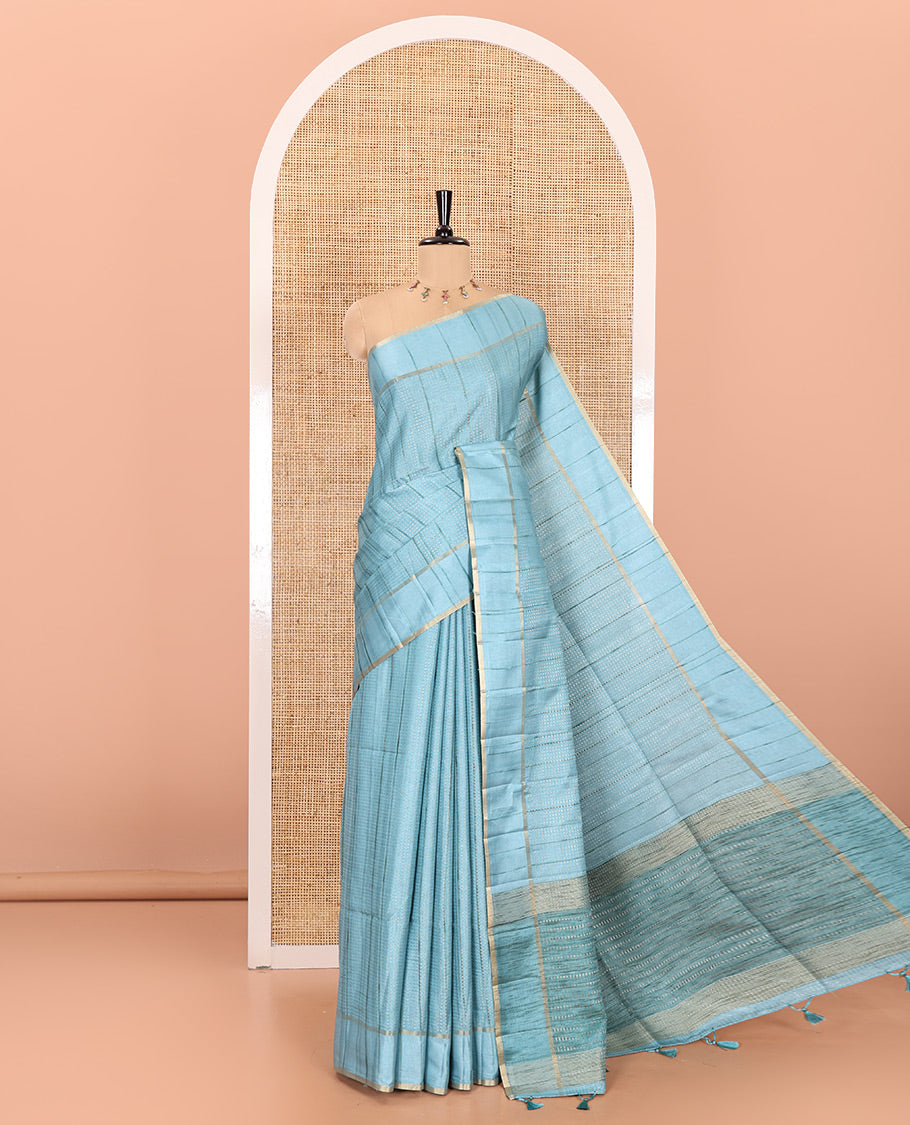 Blue stripes woven fancy tussar saree, small bentex border, contrast dotted striped pallu, and a matching blouse