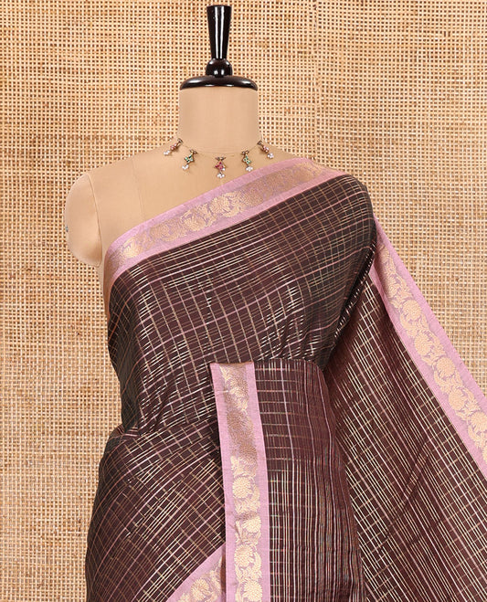 Brown Kanchipuram Budget Silk Saree, Spotlighted with Zari Checks All Over Its Body, Complemented by a Contrast Floral Creeper Design Zari Border, Pallu Steeped with Floral Designs, and Paired with a Contrast Blouse