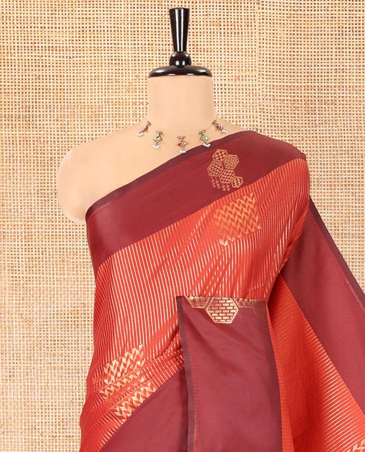 Rust Fancy Soft Silk Saree, Elevated with Zari Buttas and Zari Stripes, Complemented by a Contrast Border of Hexagon-Shaped Designs, Majestically Detailed Pallu, and Paired with a Contrast Blouse
