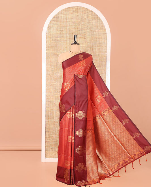 Rust Fancy Soft Silk Saree, Elevated with Zari Buttas and Zari Stripes, Complemented by a Contrast Border of Hexagon-Shaped Designs, Majestically Detailed Pallu, and Paired with a Contrast Blouse