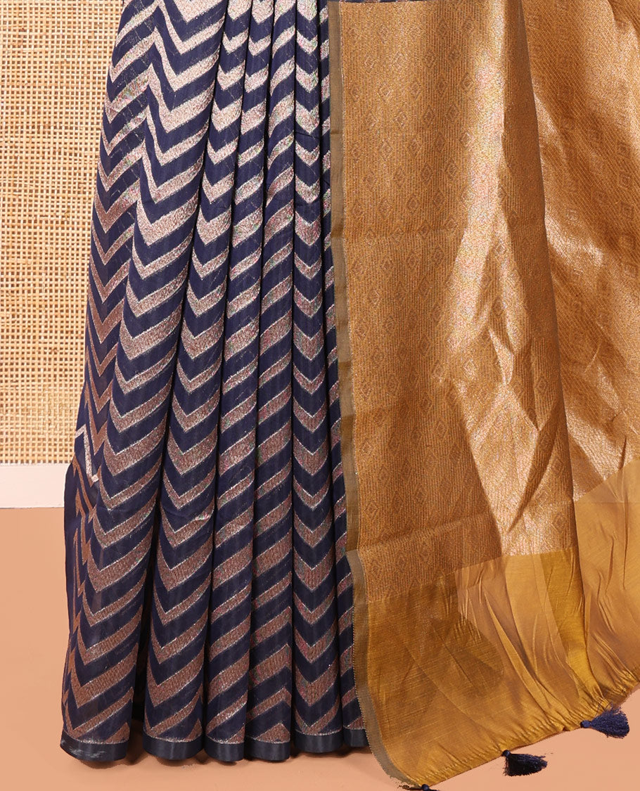 Borderless Blue Chanderi Cotton Saree, Adorned with Chevron Zari Stripes on Its Body, Complemented by Contrast Intricate Jaal Pallu, and Paired with Contrast Blouse