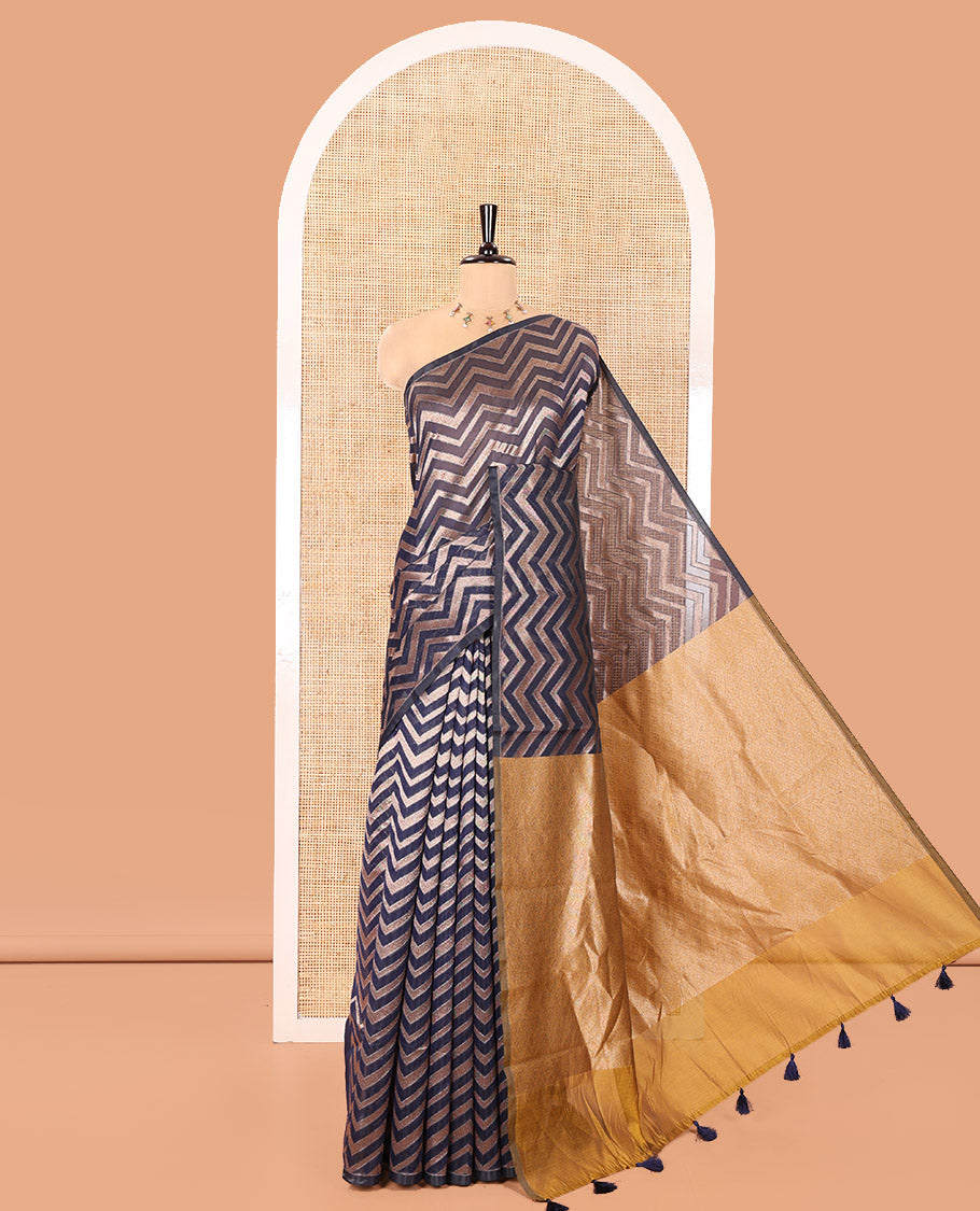 Borderless Blue Chanderi Cotton Saree, Adorned with Chevron Zari Stripes on Its Body, Complemented by Contrast Intricate Jaal Pallu, and Paired with Contrast Blouse