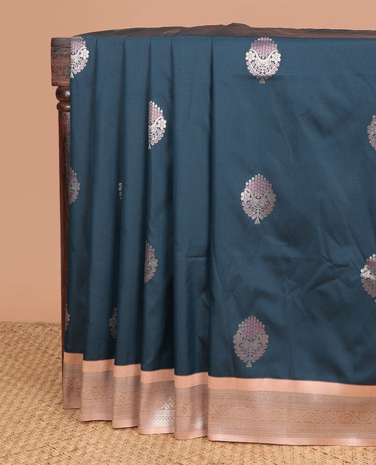 Teal mango design semi soft silk saree with contrast border & grand pallu along with plain blouse