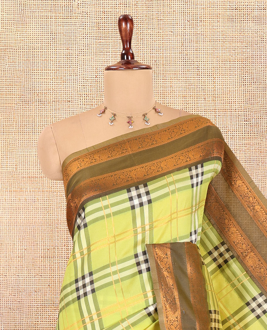 Liril Green Burberry Checked Litchi Saree, a Contrast Rettai Pettu Border, Grand Pallu, Contrast Blouse