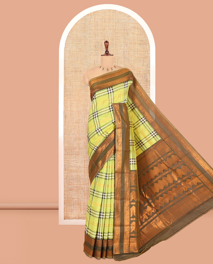 Liril Green Burberry Checked Litchi Saree, a Contrast Rettai Pettu Border, Grand Pallu, Contrast Blouse