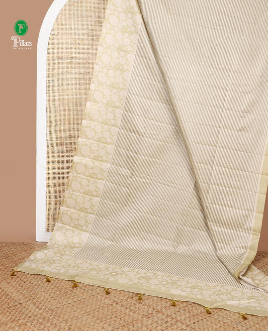Chikku color with mustard green  stripes, block print fancy tussar silk saree with polka dot border & polka dot printed pallu along with printed blouse
