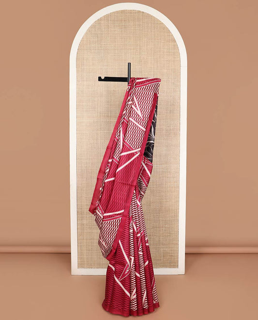 Red checkered printed silk saree with contrast border & floral design pallu