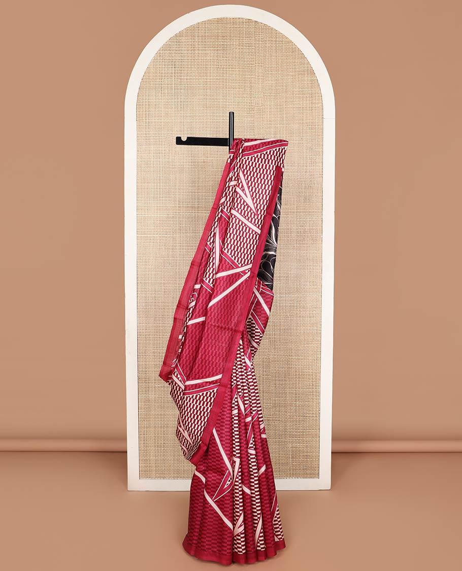 Red checkered printed silk saree with contrast border & floral design pallu