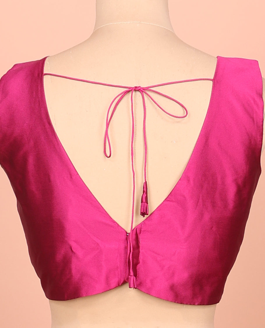 Pink Plain Readymade Blouse Featuring a Front V-Neck, Back Deep V-Neck, and Sleeveless