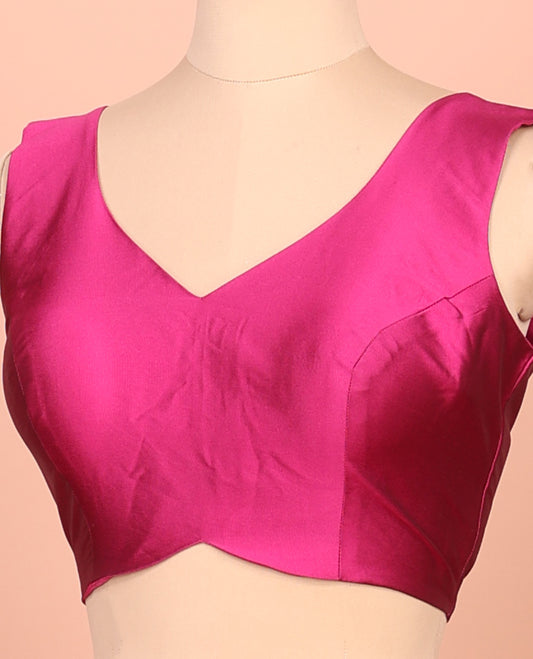 Pink Plain Readymade Blouse Featuring a Front V-Neck, Back Deep V-Neck, and Sleeveless