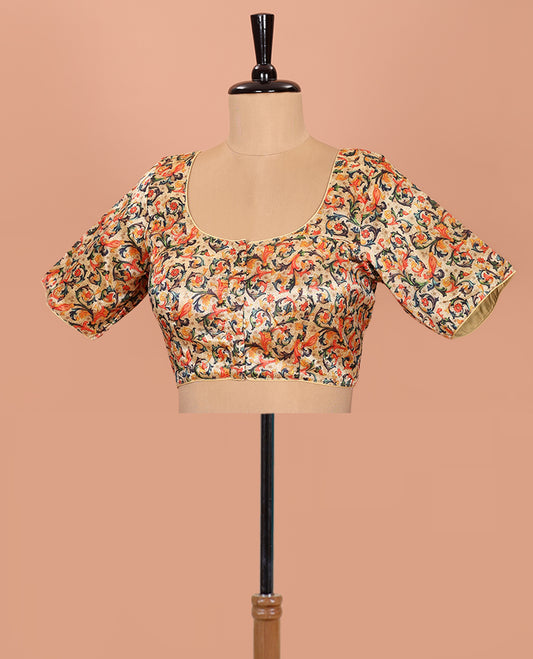 Sandal floral vine printed front-back round-neck elbow sleeve readymade blouse