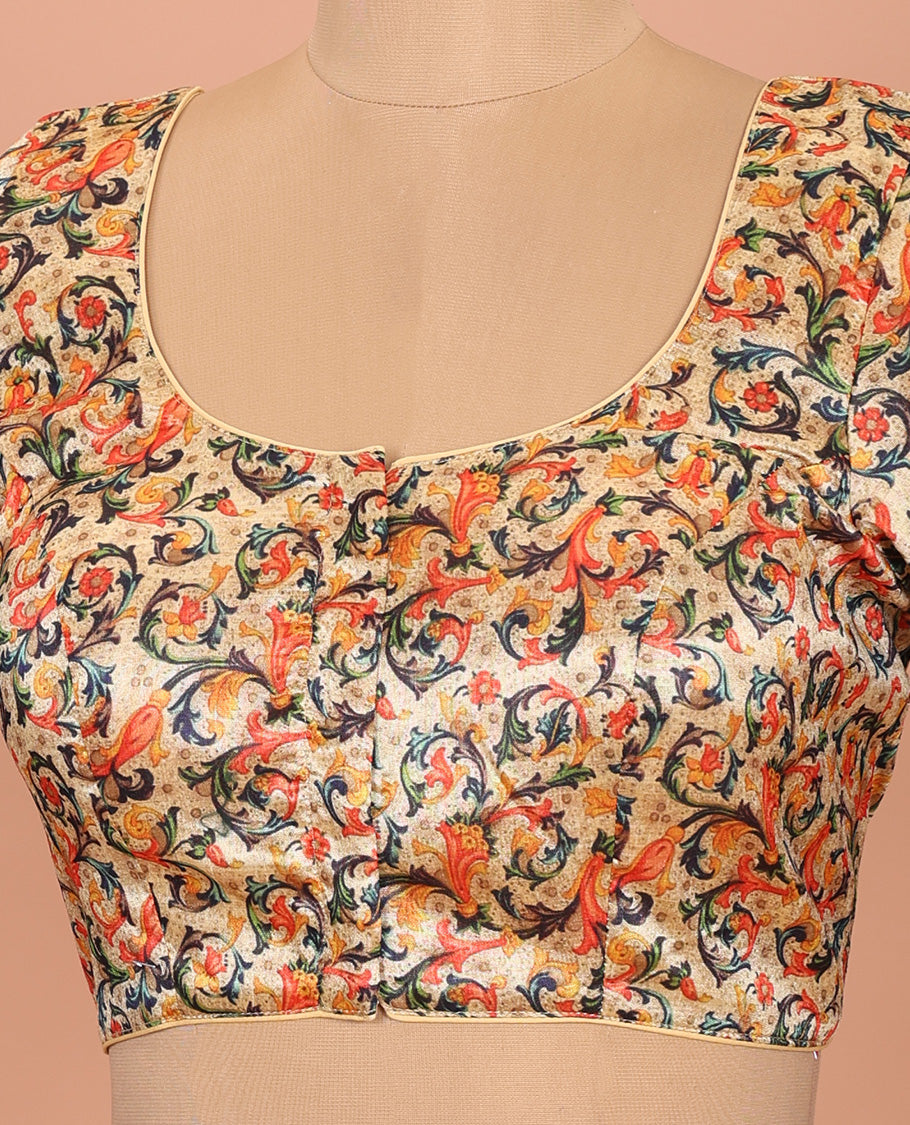 Sandal floral vine printed front-back round-neck elbow sleeve readymade blouse