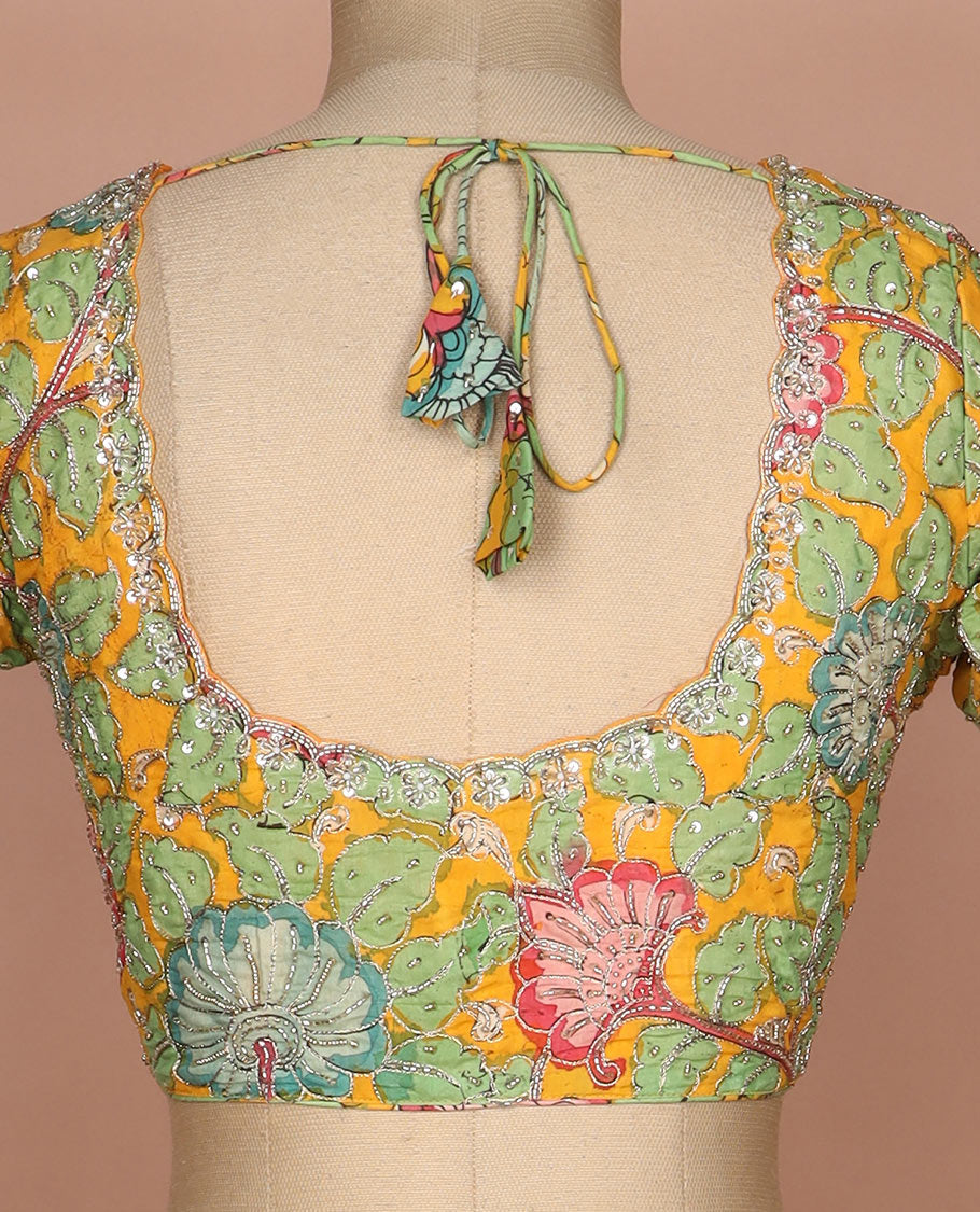 Yellow kalamkari floral vine handbrush painted with mixed embroidered elbow sleeve cotton readymade blouse