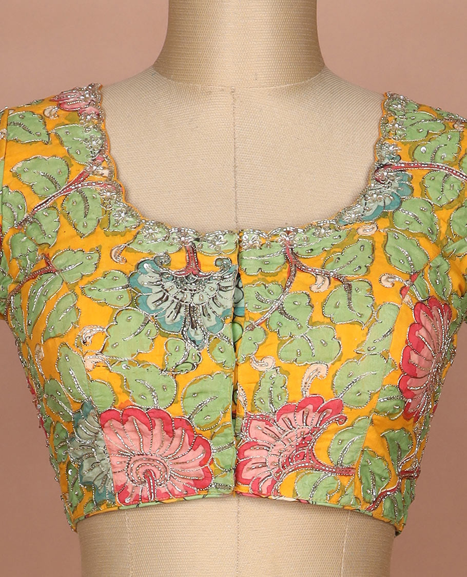 Yellow kalamkari floral vine handbrush painted with mixed embroidered elbow sleeve cotton readymade blouse