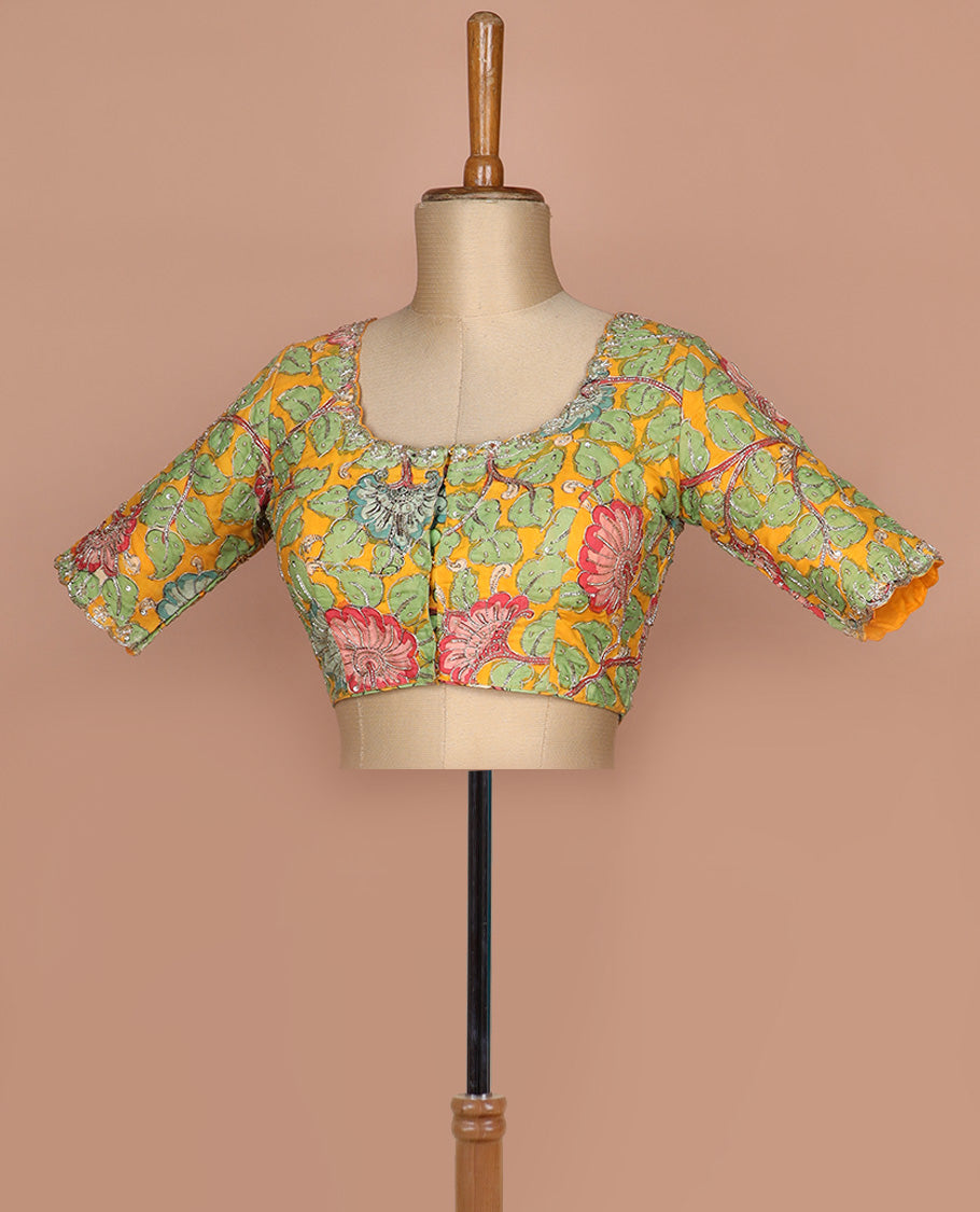 Yellow kalamkari floral vine handbrush painted with mixed embroidered elbow sleeve cotton readymade blouse