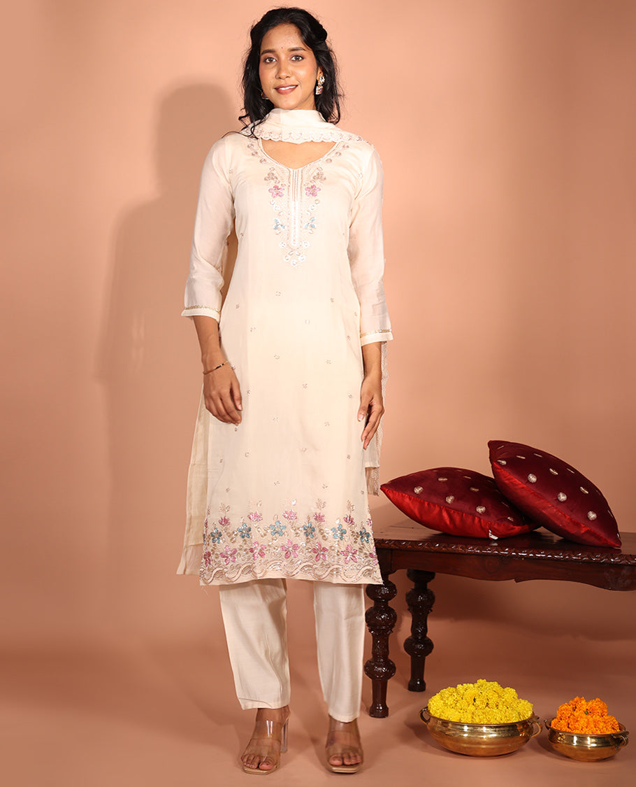 Cream Chanderi Silk Readymade Suit