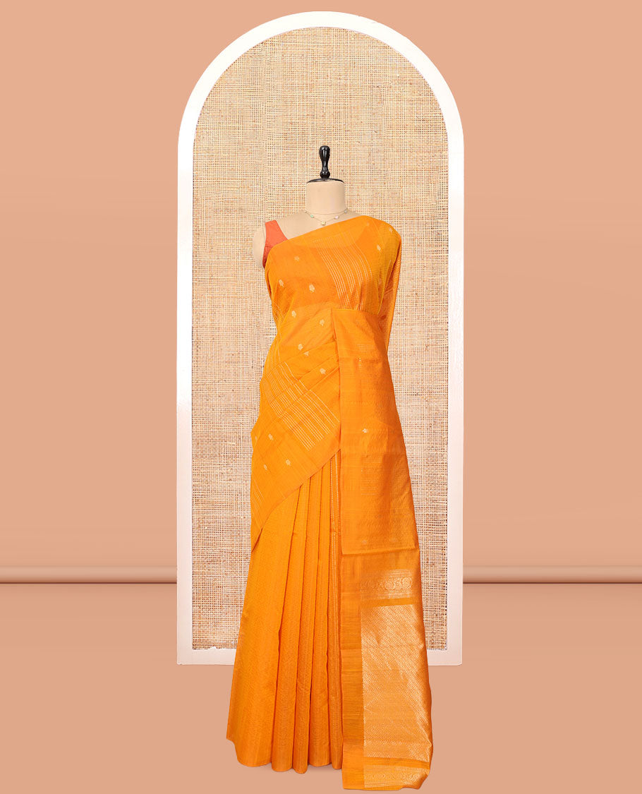 Borderless Orange Silk Cotton Saree, Steeped with Zari Stripes and Buttas, Diagonally Striped Pallu, and a Matching Blouse