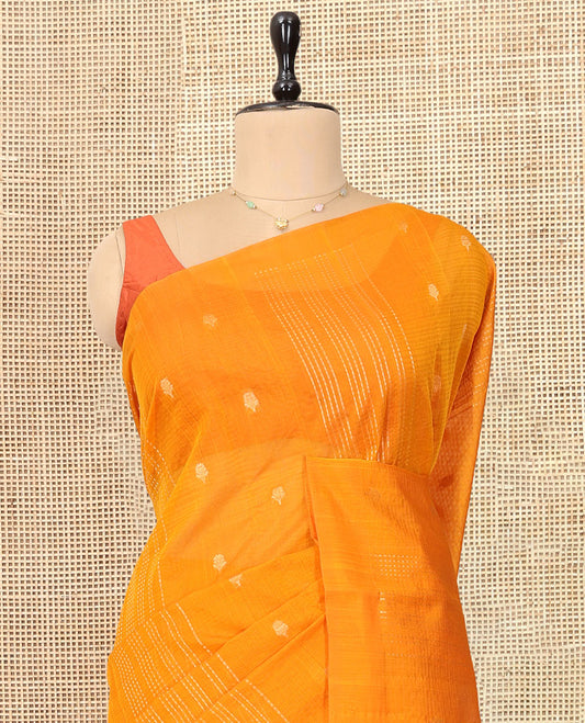 Borderless Orange Silk Cotton Saree, Steeped with Zari Stripes and Buttas, Diagonally Striped Pallu, and a Matching Blouse
