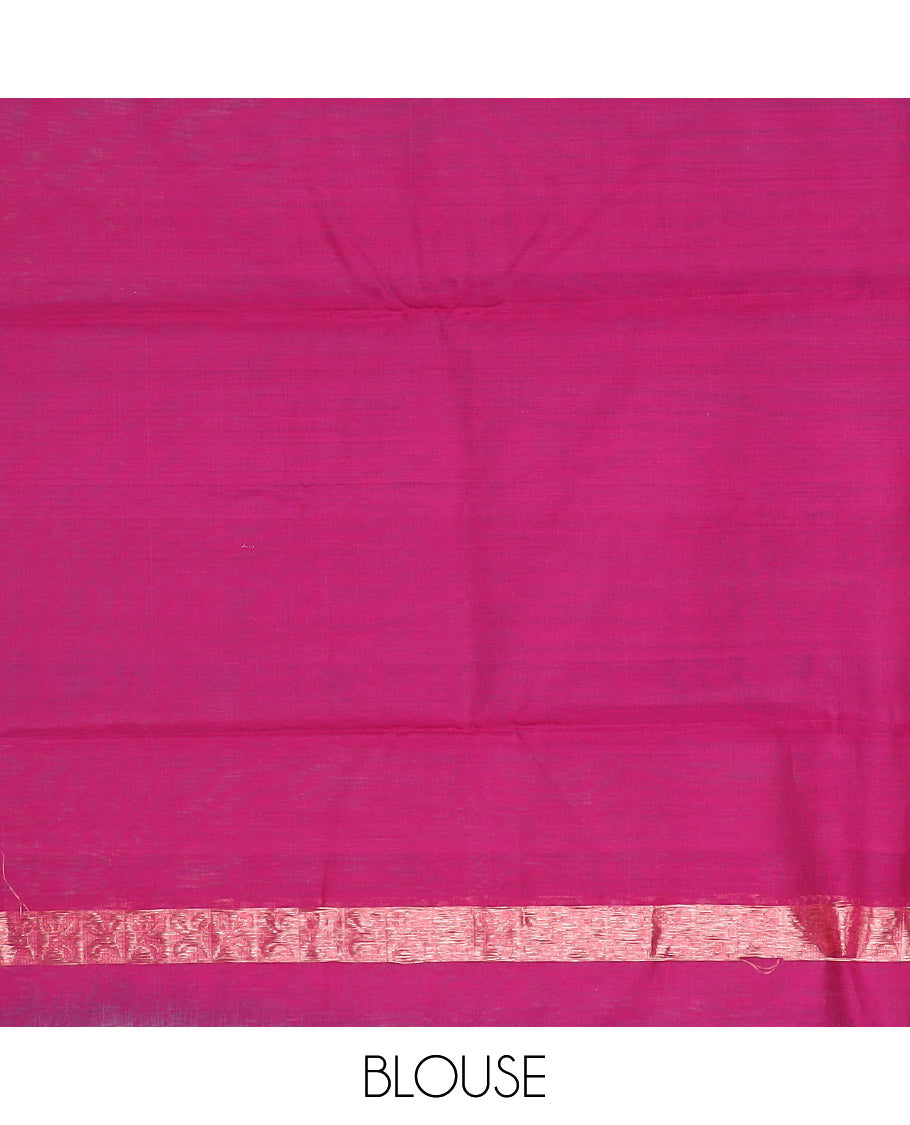 Blue Silk Cotton Saree Woven with Polka Dot Buttas All Over the Body, Subtly Woven Piping Border, Captivating Contrast Pallu of Floral Zari Designs, and Comes with a Contrast Blouse