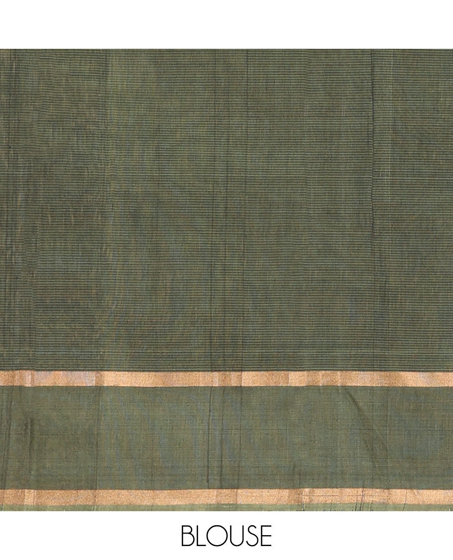 Blue floral zari buttas silk cotton saree, contrast zari buttas border and pallu of intricate Mughal style ogee patterns weave