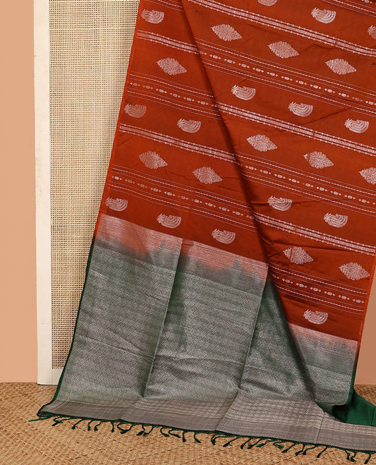 Borderless orange zari design soft silk saree, contrast jaal design pallu