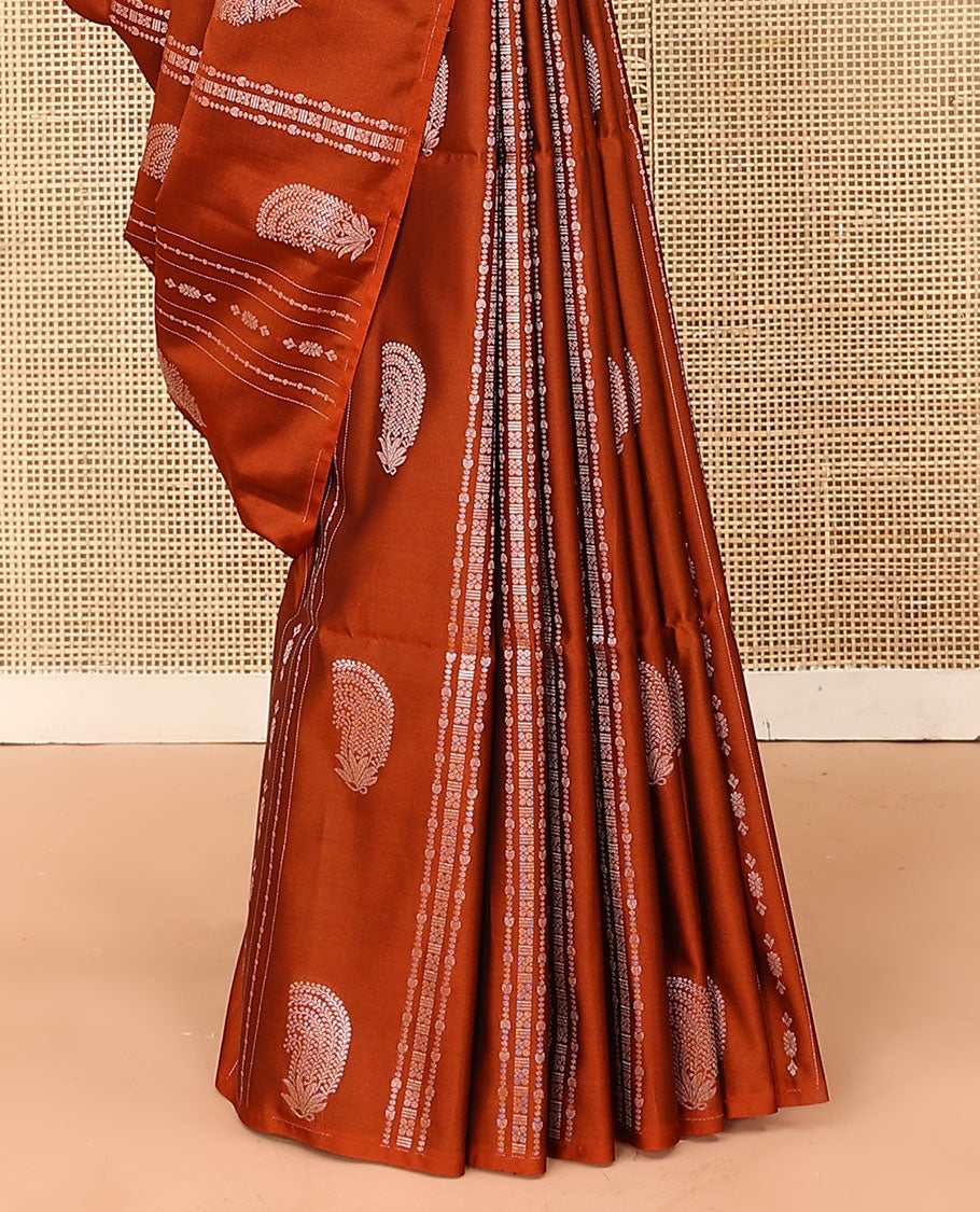 Borderless orange zari design soft silk saree, contrast jaal design pallu