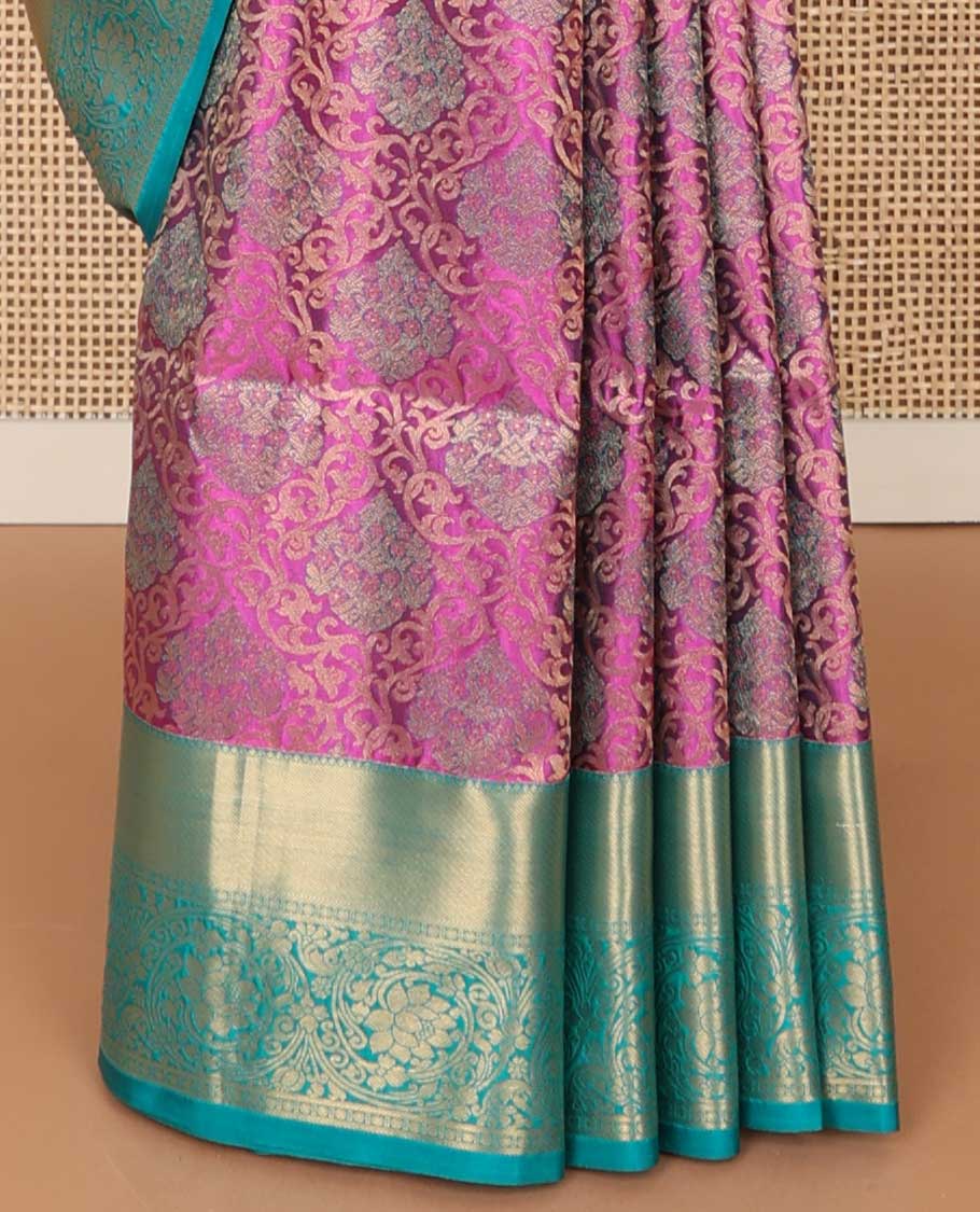 Pink floral jaal design soft silk saree with contrast zari design border & argyle design pallu