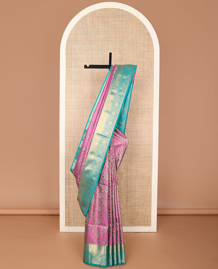 Pink floral jaal design soft silk saree with contrast zari design border & argyle design pallu