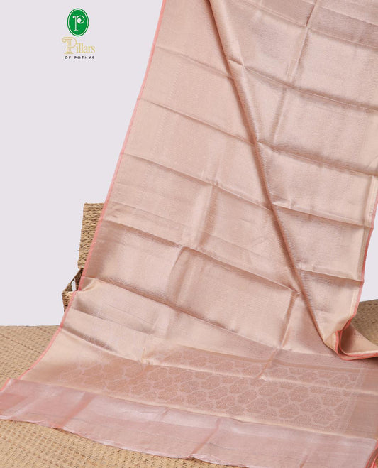 Light pink intricate floral design semi tissue saree with self striped border & zari design pallu