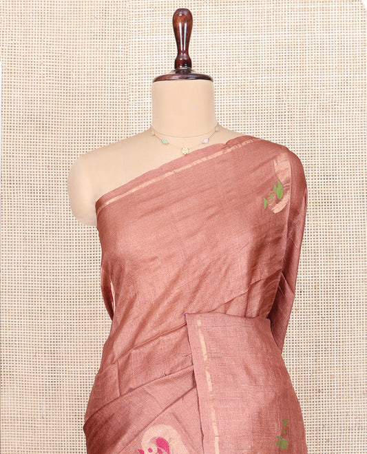 Brown Tussar Silk Saree, Decked Up with Paithani-Style Peacock Buttas, Piping Border, Pallu of Paithani-Style Colorful Floral Designs, and Paired with a Matching Blouse