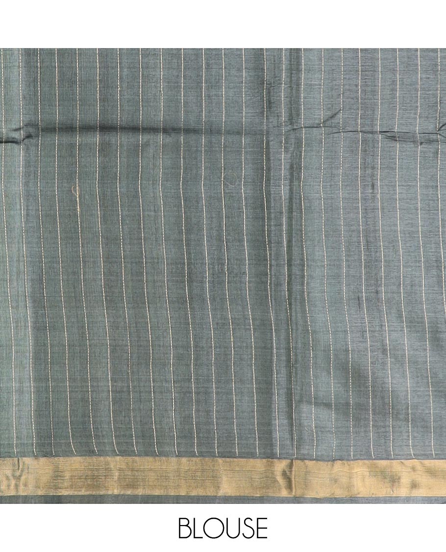 Deep forest green vertical thread striped tussar silk saree, zari border and striped pallu