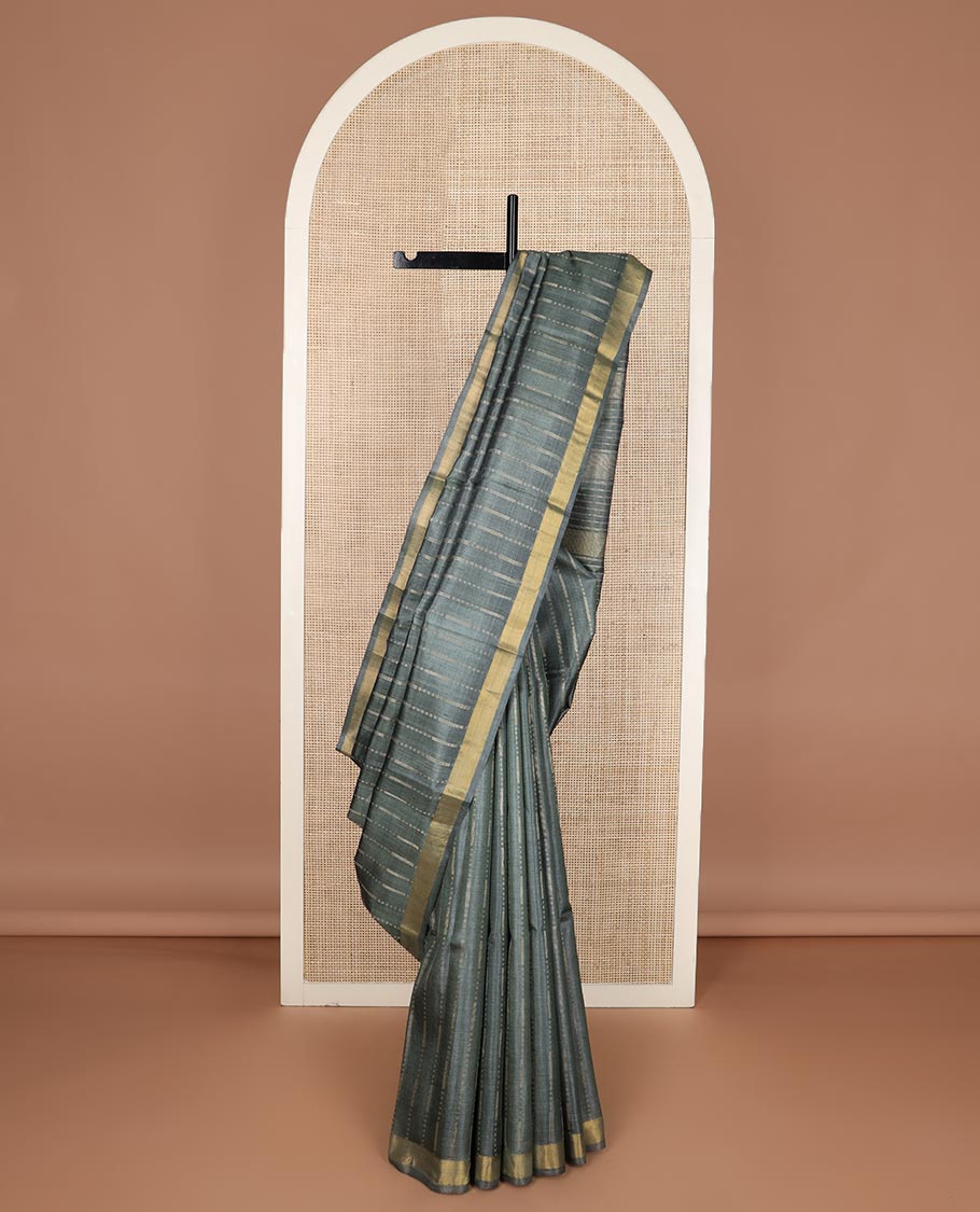 Deep forest green vertical thread striped tussar silk saree, zari border and striped pallu