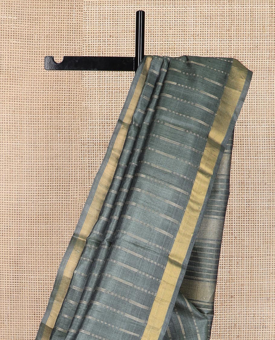 Deep forest green vertical thread striped tussar silk saree, zari border and striped pallu