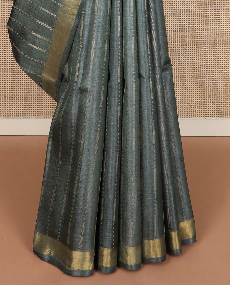 Deep forest green vertical thread striped tussar silk saree, zari border and striped pallu